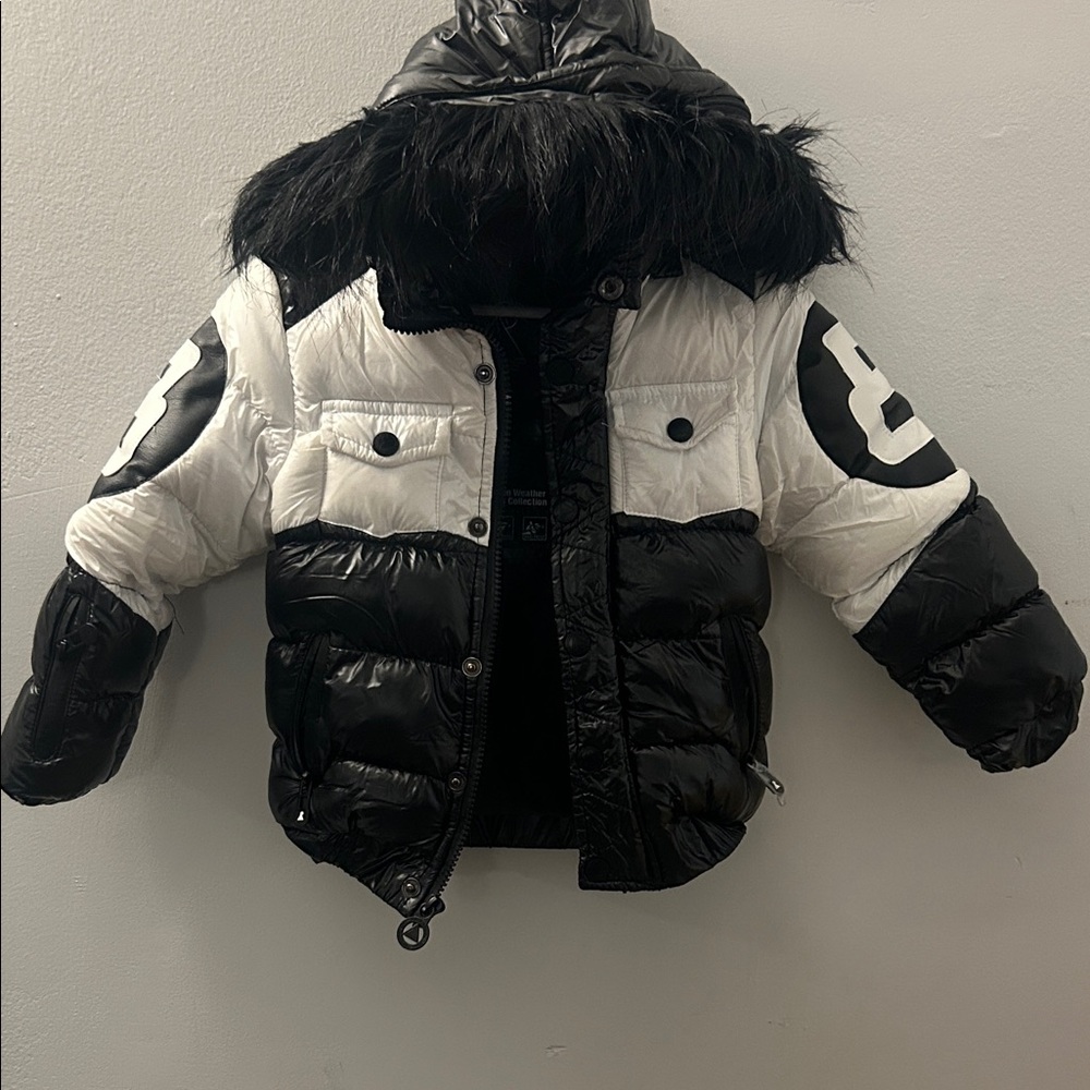 Black and White Puffer Jacket with Fur Trim